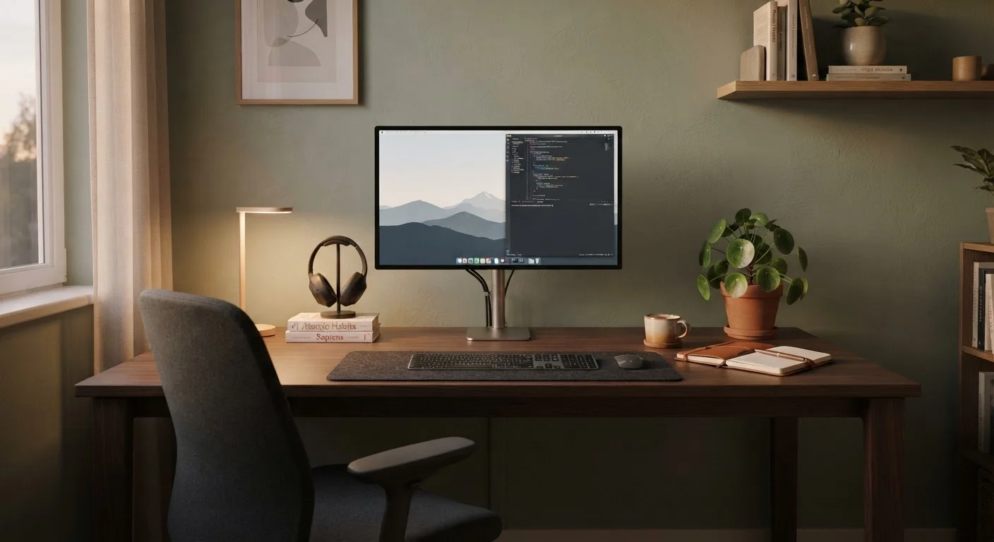 A well-organized home office desk with a computer monitor, keyboard, and mouse