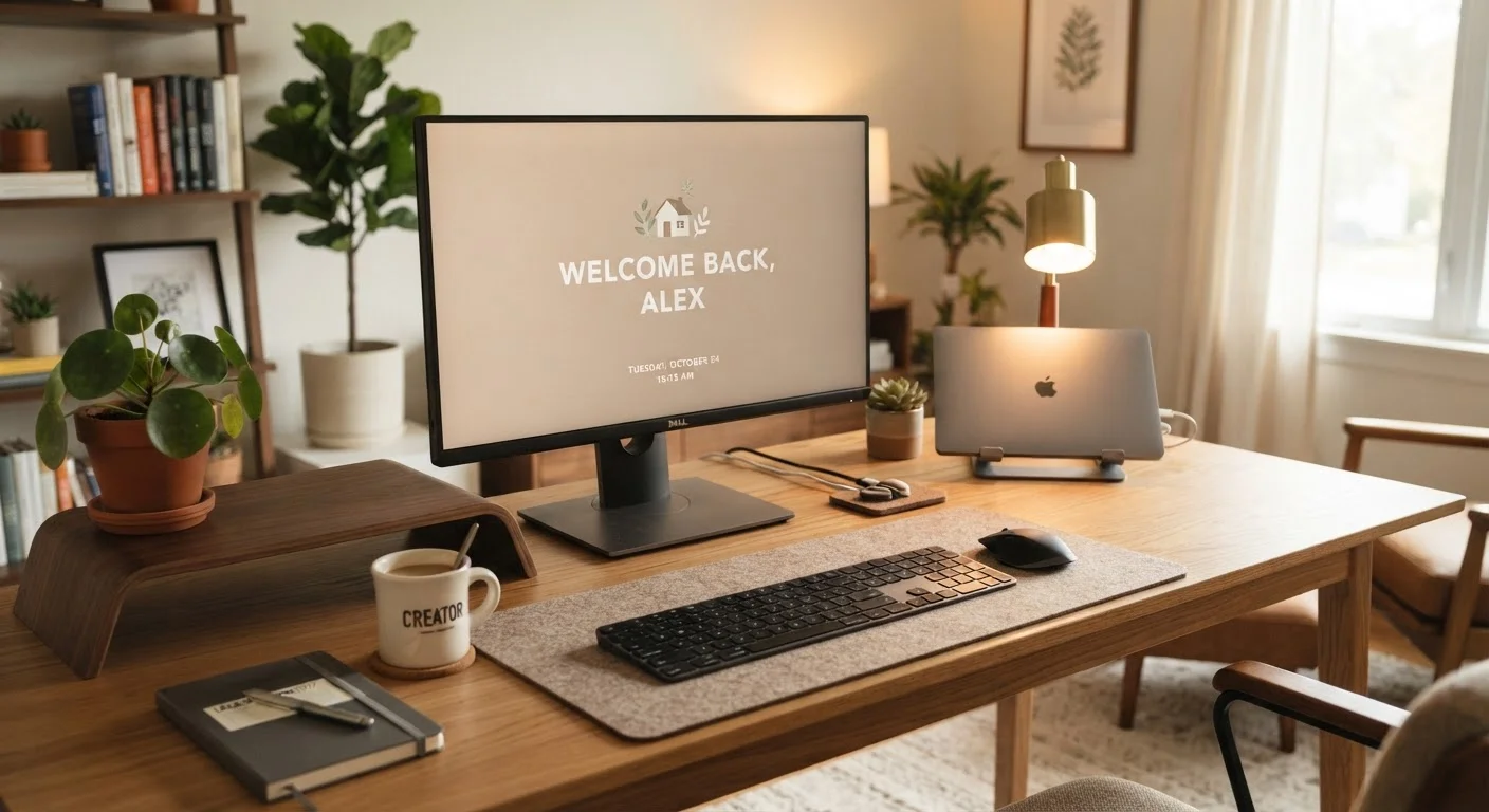 A tidy home desk with a desktop computer, keyboard, and monitor showing a welcome screen.
