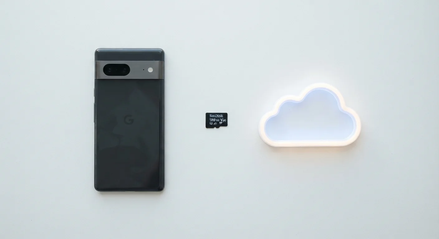 Smartphone placed next to a microSD card and a cloud storage icon on a white surface