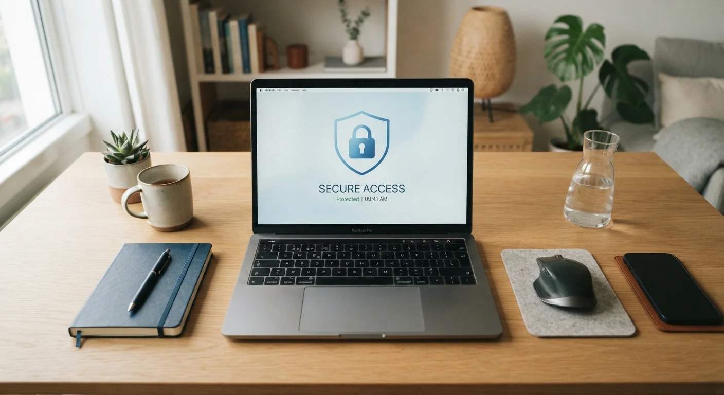 A laptop on a home desk displaying a padlock security icon on the screen.