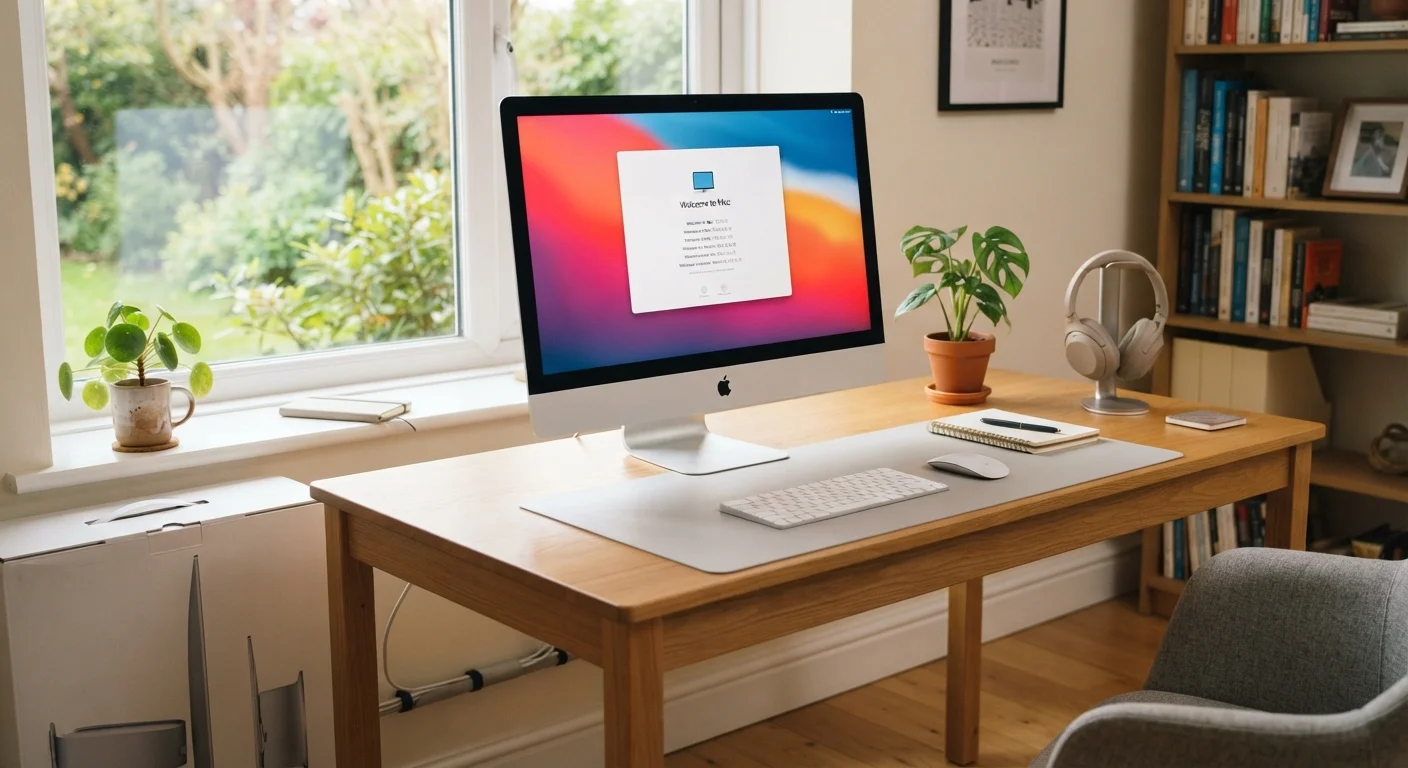 A new home computer being set up on a tidy desk with cables and a glowing monitor.