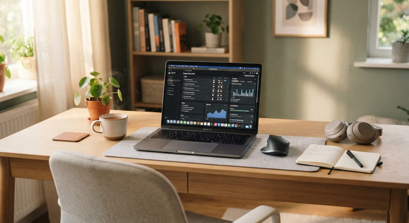 Open laptop on a tidy home office desk showing a software dashboard interface.