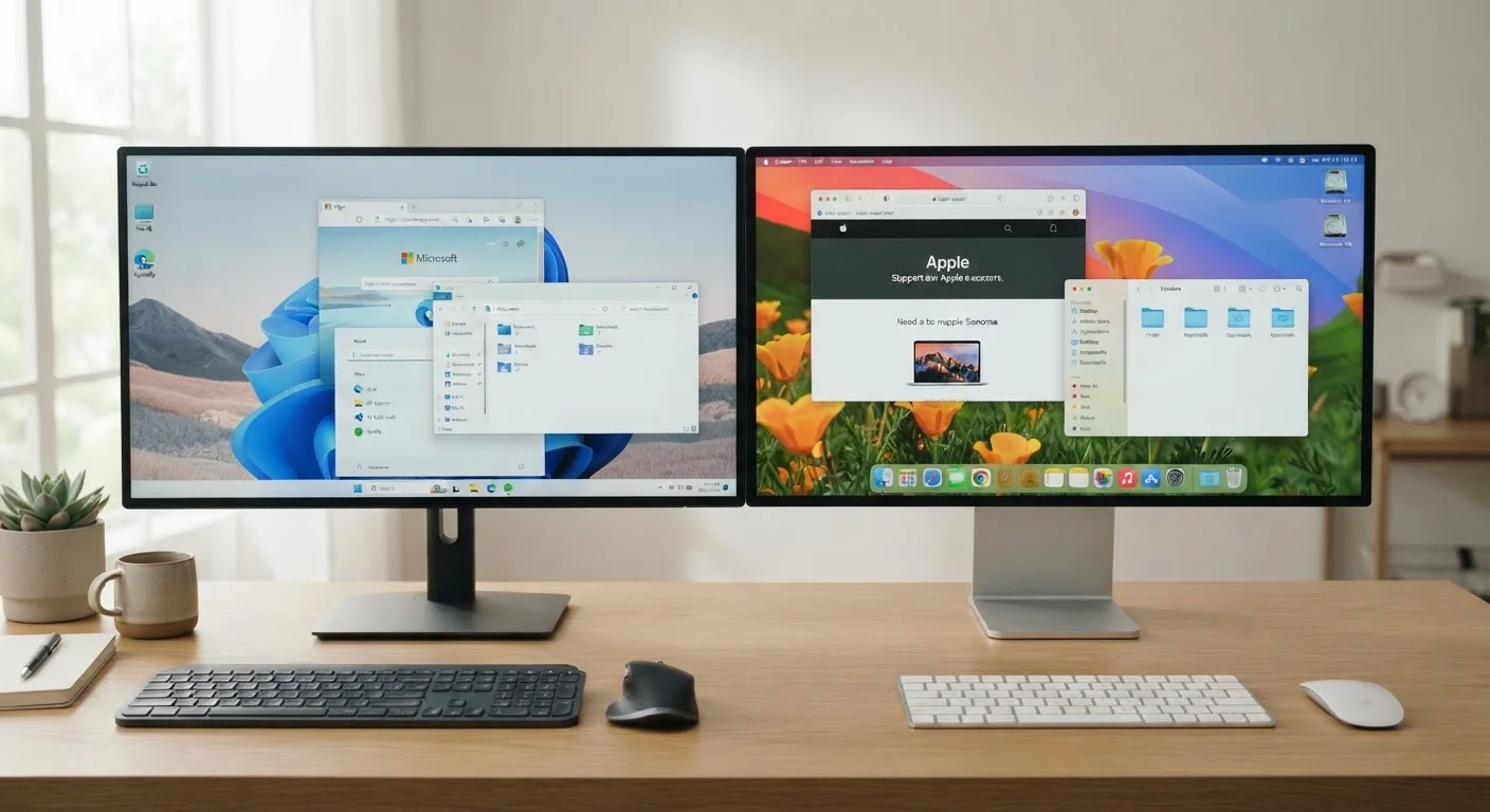 Side-by-side view of Windows and macOS desktop interfaces on computer screens